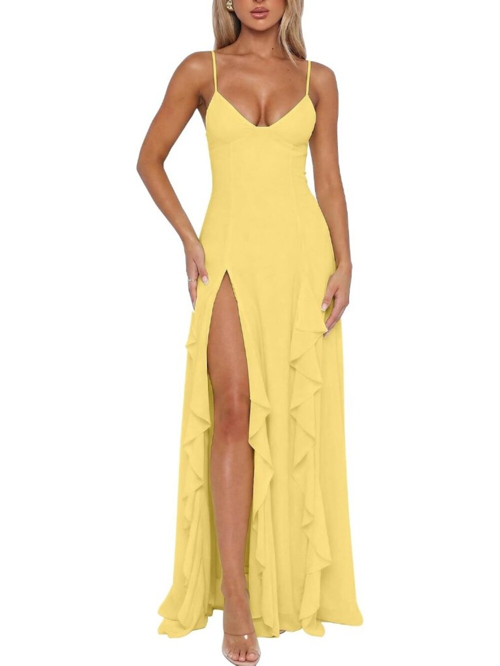Women's Yellow V Neck Spaghetti Strap Maxi Dress High Slit Evening Gown